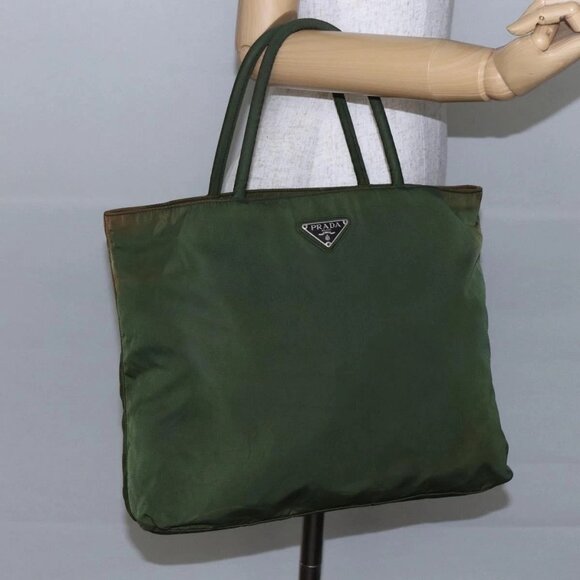 PRADA Tote Bag Nylon Khaki Silver Auth - Picture 1 of 15